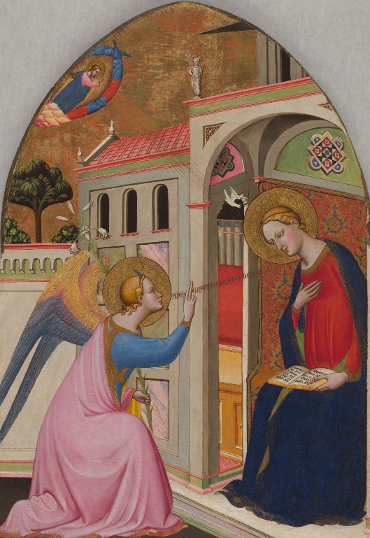 Painting of the angel Gabriel kneeling before Mary, who sits holding a book, with God above and a dove between them