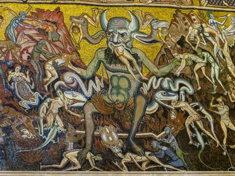 Mosaic of a horned Satan devouring sinners, with serpents coming from his head