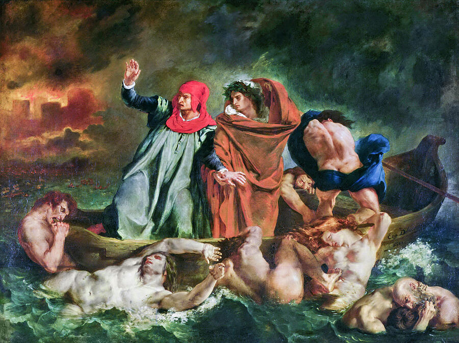 Delacroix painting of Dante and Virgil in a boat on the Styx as the damned clutch at its sides