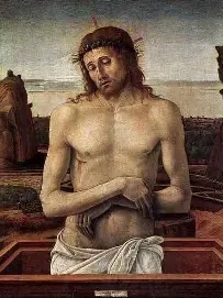 Painting of the dead Christ standing in his tomb, visible from the waist up