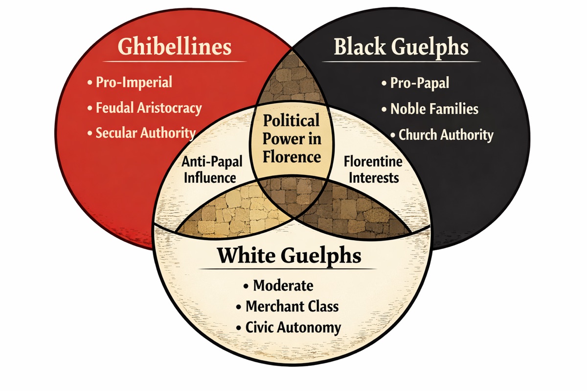 Venn diagram of the Ghibellines (pro-imperial, feudal aristocracy, secular authority), the Black Guelphs (pro-papal, noble families, church authority), and the White Guelphs (moderate, merchant class, civic autonomy), overlapping at political power in Florence