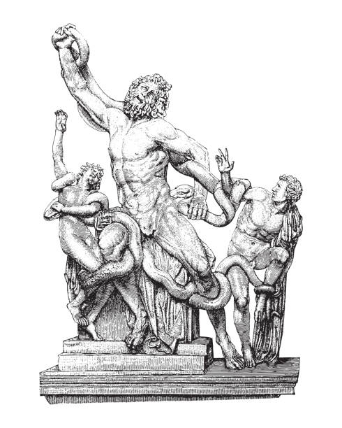 Drawing of the Laocoön sculpture, the Trojan priest and his sons caught in the coils of serpents