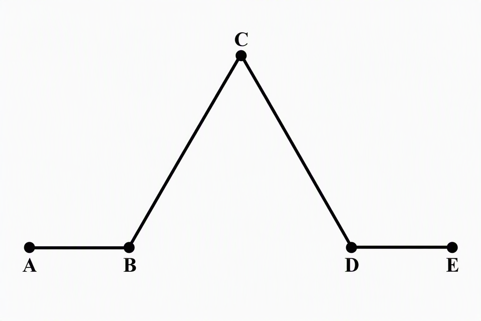 A plot diagram with five labeled points. A and B sit on a flat line. The line rises from B to the peak at C, falls to D, and runs flat to E.