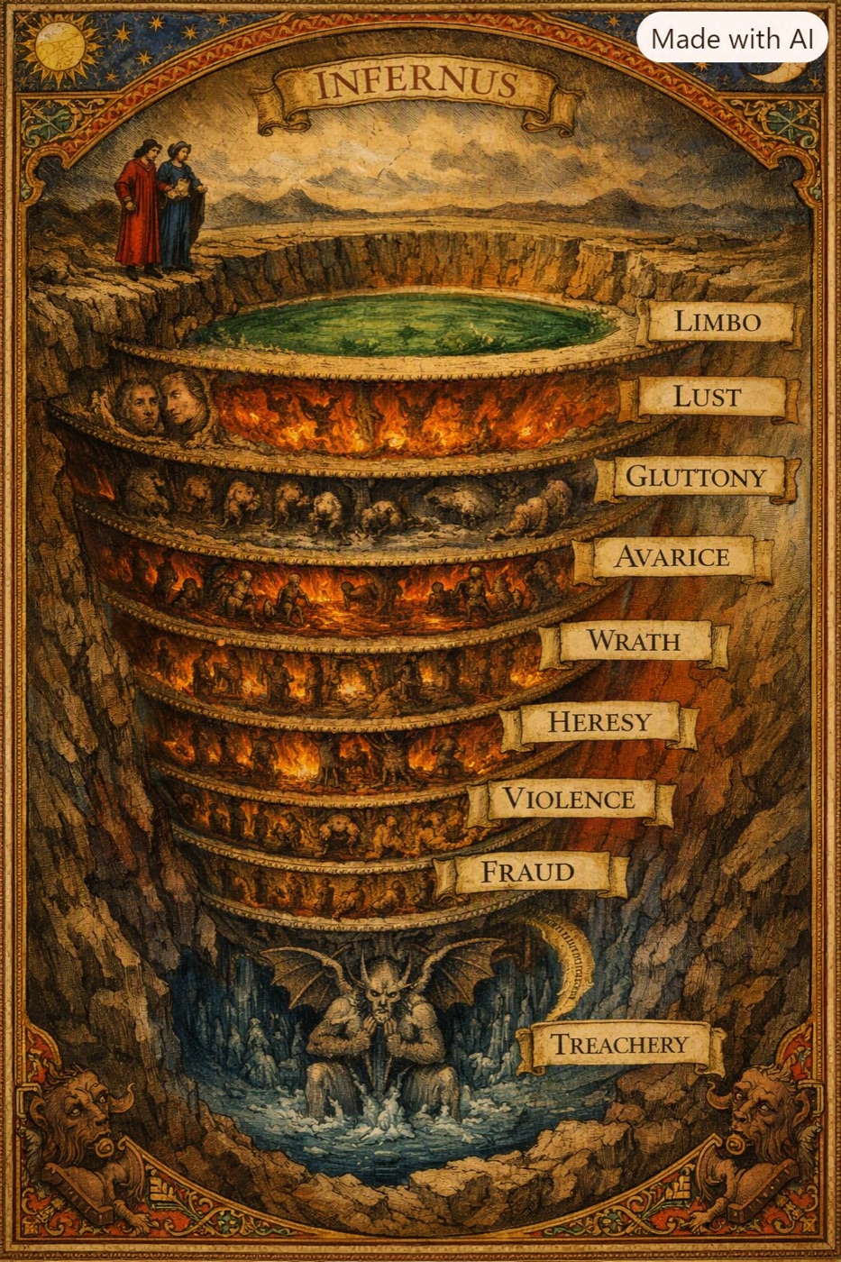 Hell as a funnel-shaped pit that narrows toward the bottom.