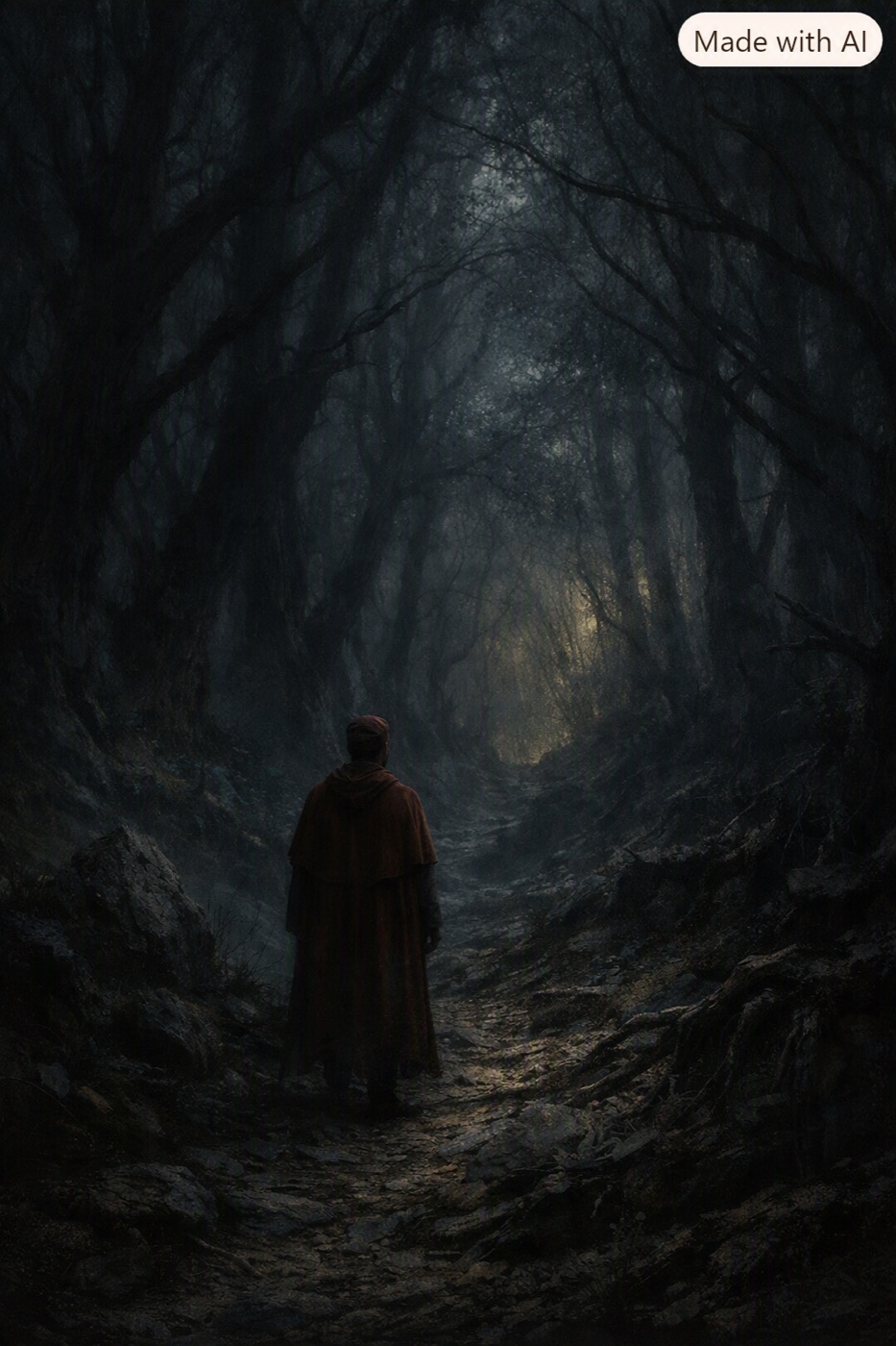 A lone traveler in a hooded robe on a dark forest path.