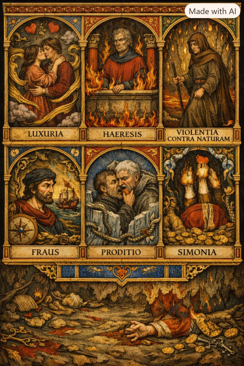 Six panels labeled Luxuria, Haeresis, Violentia contra naturam, Fraus, Proditio, and Simonia, above a scene of gold and scattered tools.