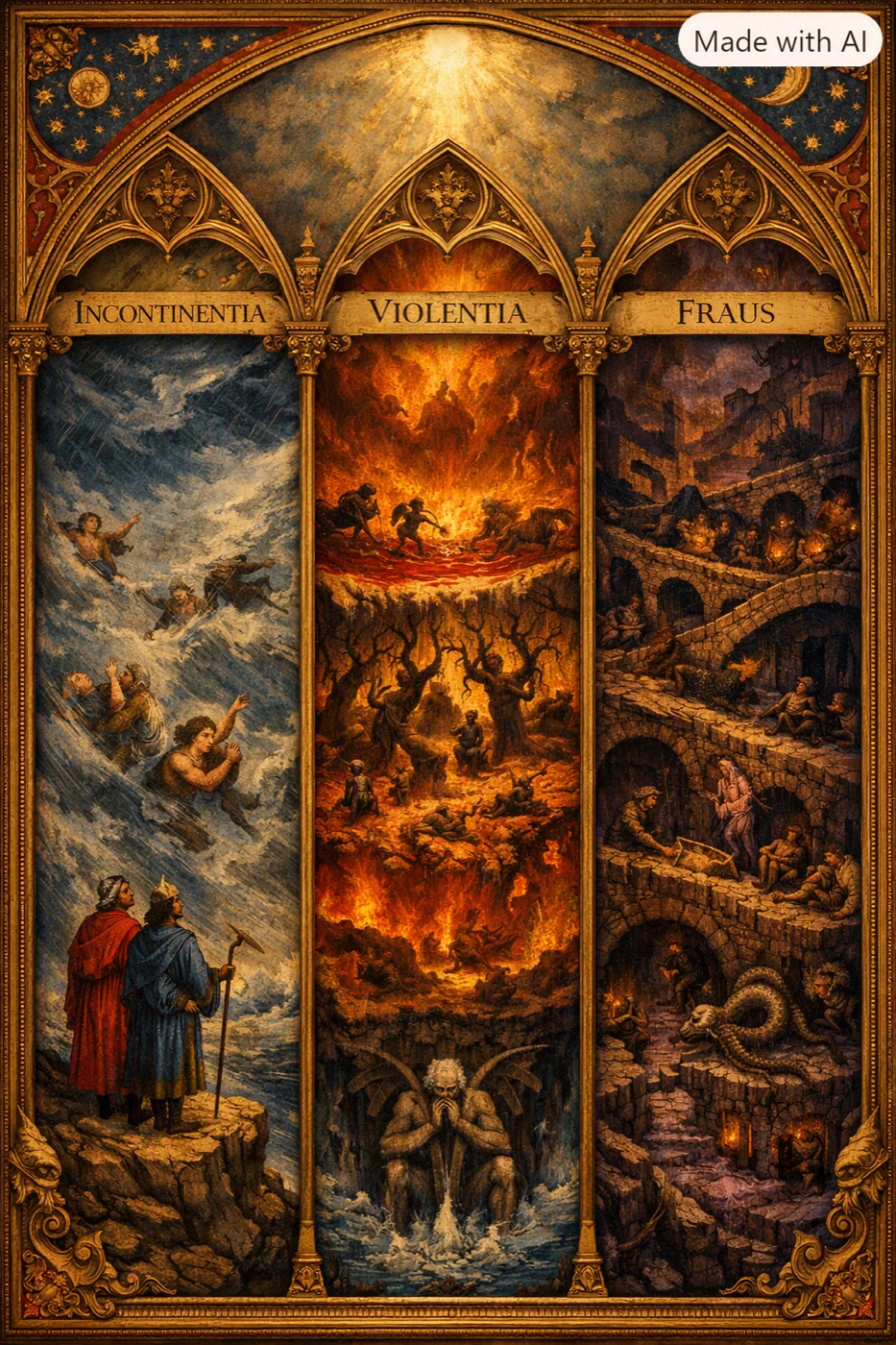 Three panels showing the storm of incontinence, the fires of violence, and the ditches of fraud.