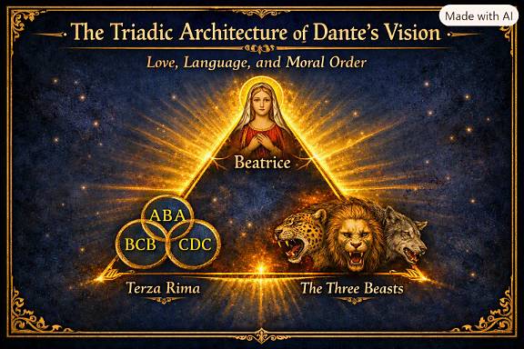 Beatrice at the top of a triangle, with terza rima and the three beasts at the base. The caption reads: Love, Language, and Moral Order.